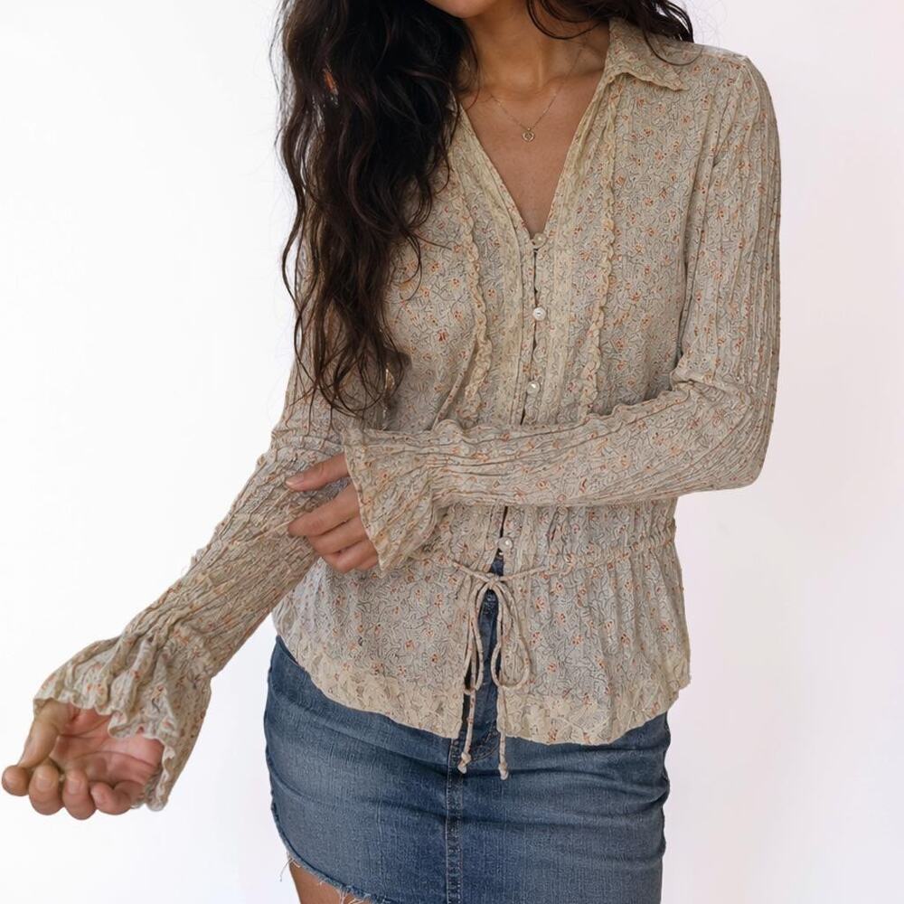 Y2K Daytrip Floral Lace Boho Tie Waist Blouse Top Large